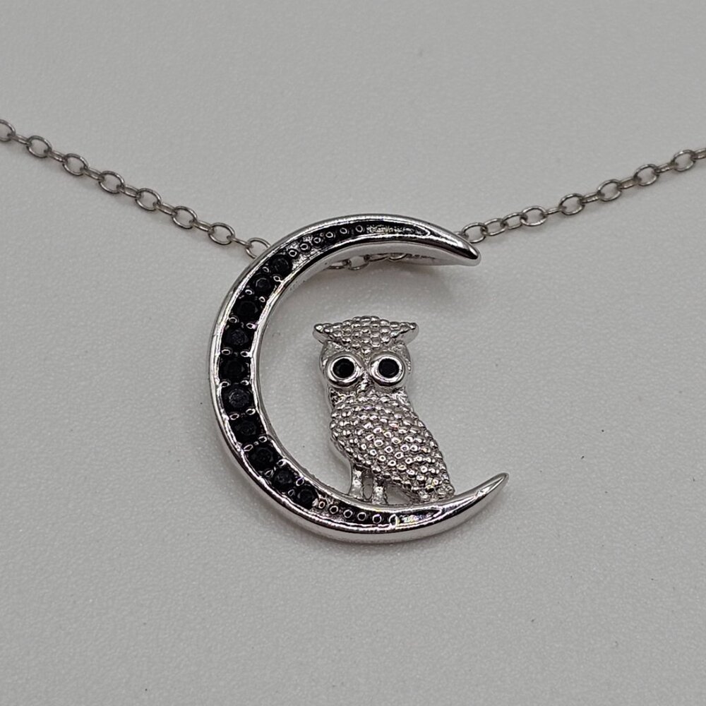 Sterling Silver 925 Rhodium Plated CZ Black Moon and Owl Pendant Necklace - Picture 8 of 10